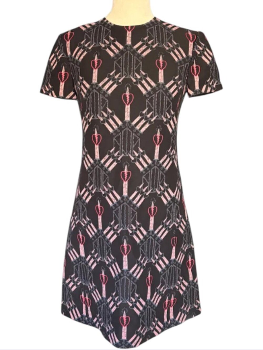 Authentic Valentino Love Blade Silk Dress Heart Dagger Print Mini Black Sz IT38